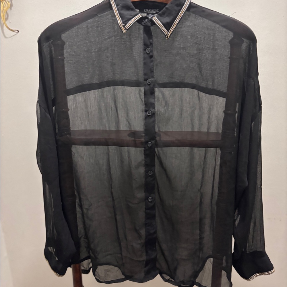 Vintage Sheer Black Button Down Shirt jeweled detail collar and cuffs